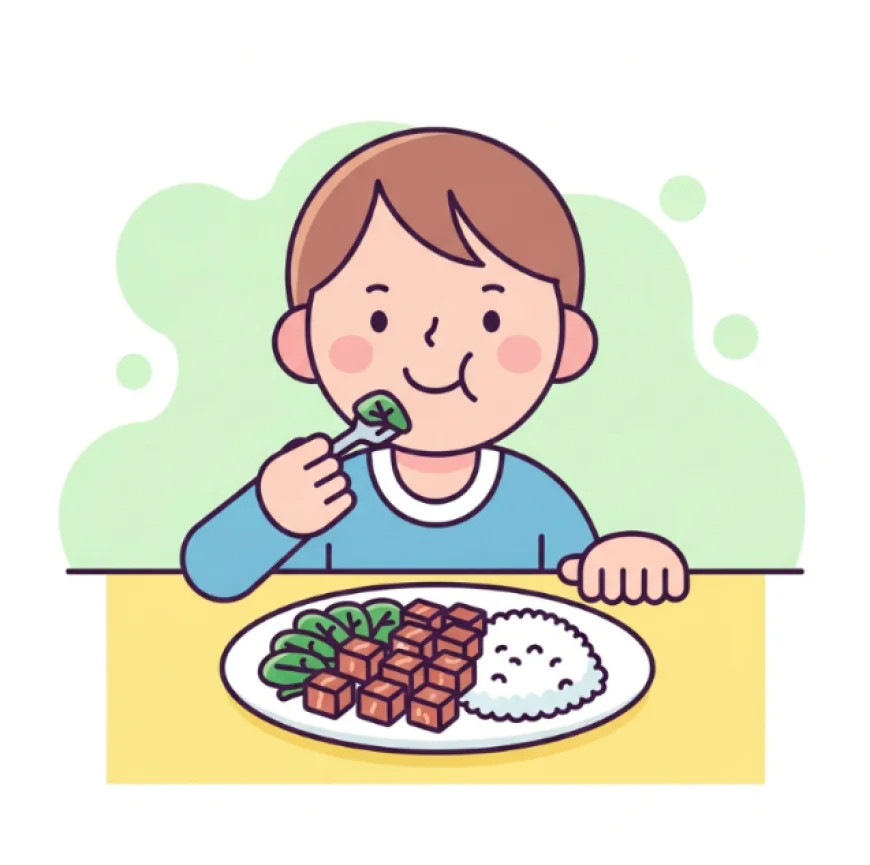Child eating beef, spinach, and rice for an iron-rich meal