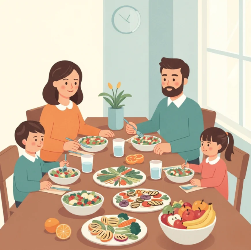 Family eating healthy meal with fruits and vegetables at the dining table