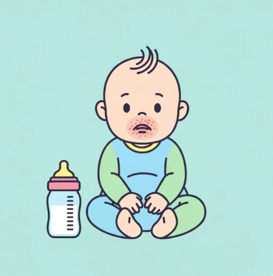 Baby with rash near mouth sitting next to a milk bottle, symbolizing cow’s milk protein allergy