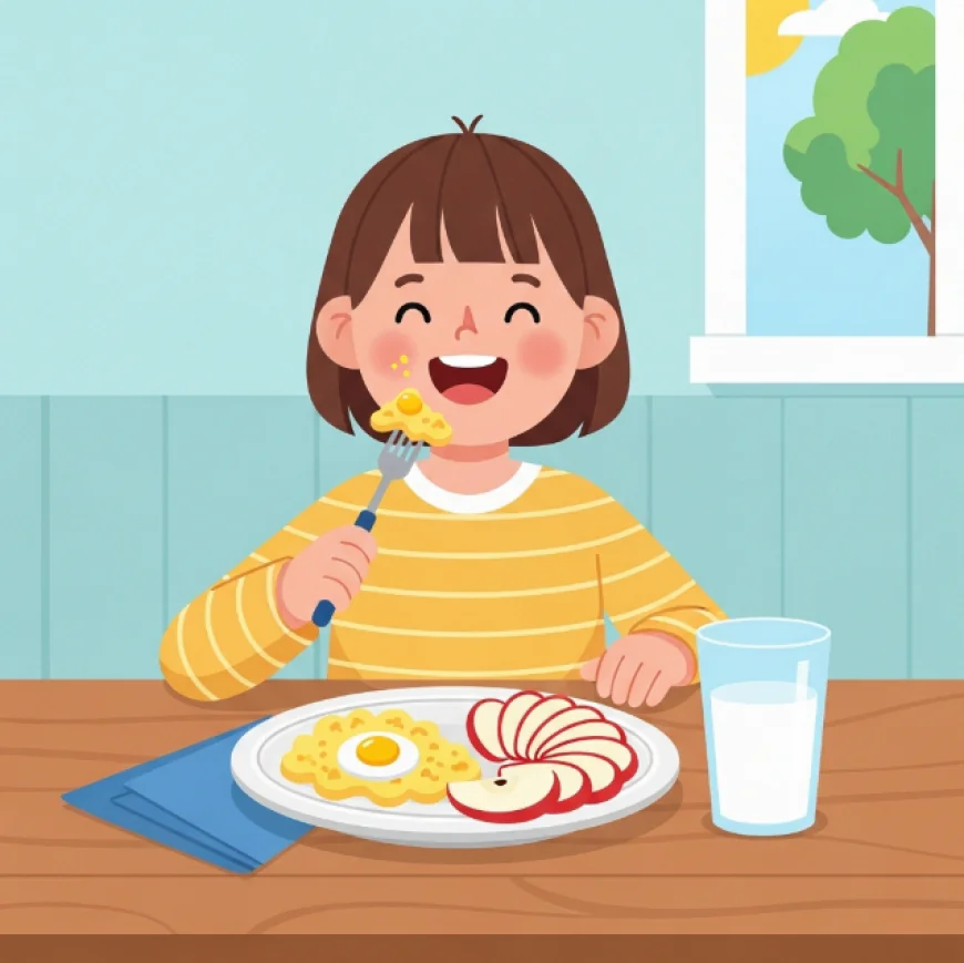 Smiling child eating scrambled eggs, fruit, and milk for breakfast