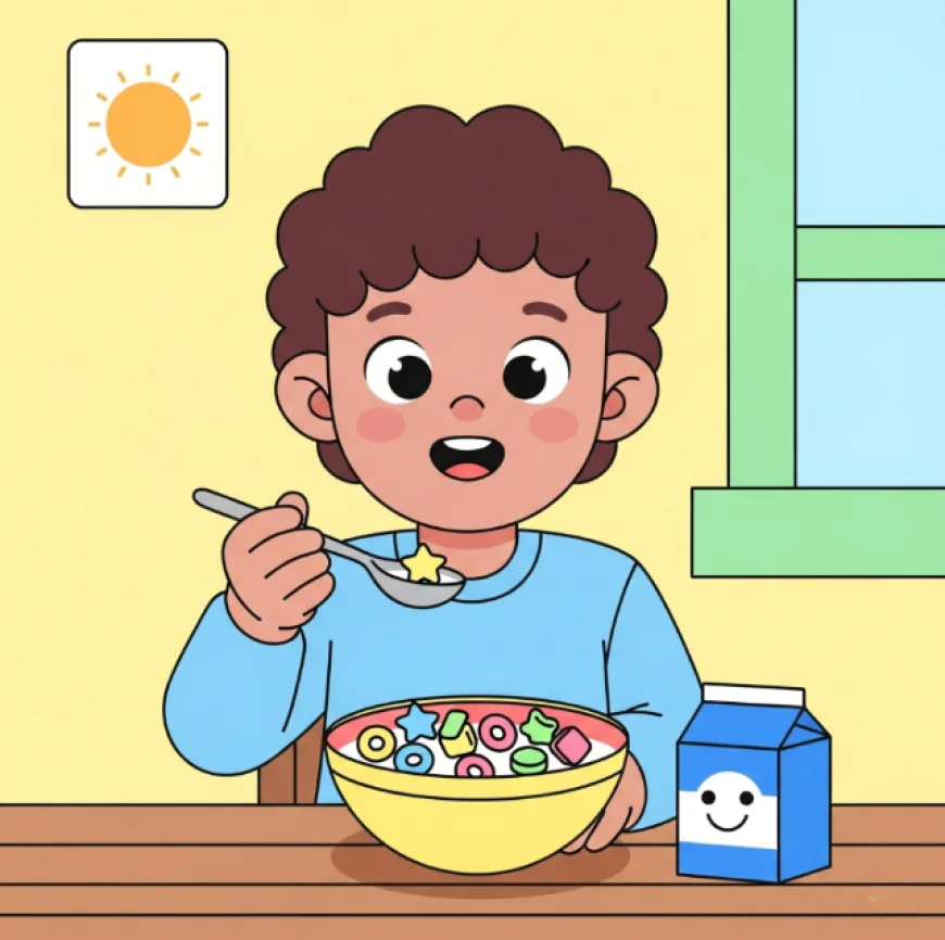 Child eating a bowl of colorful breakfast cereal with milk