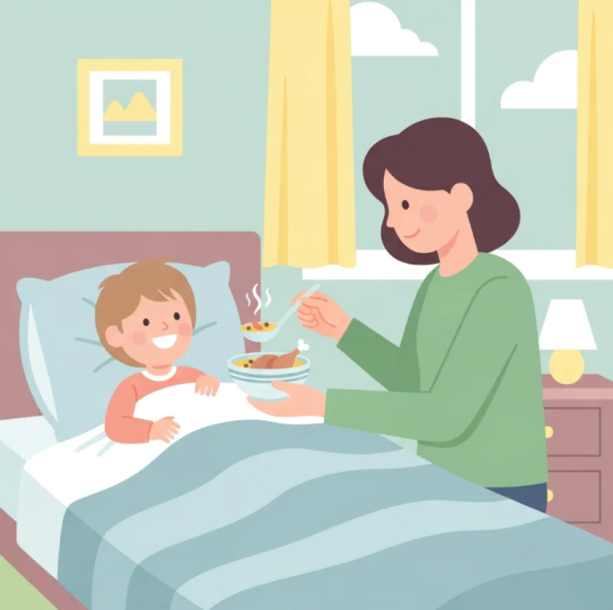 Sick child in bed being served warm chicken soup by parent