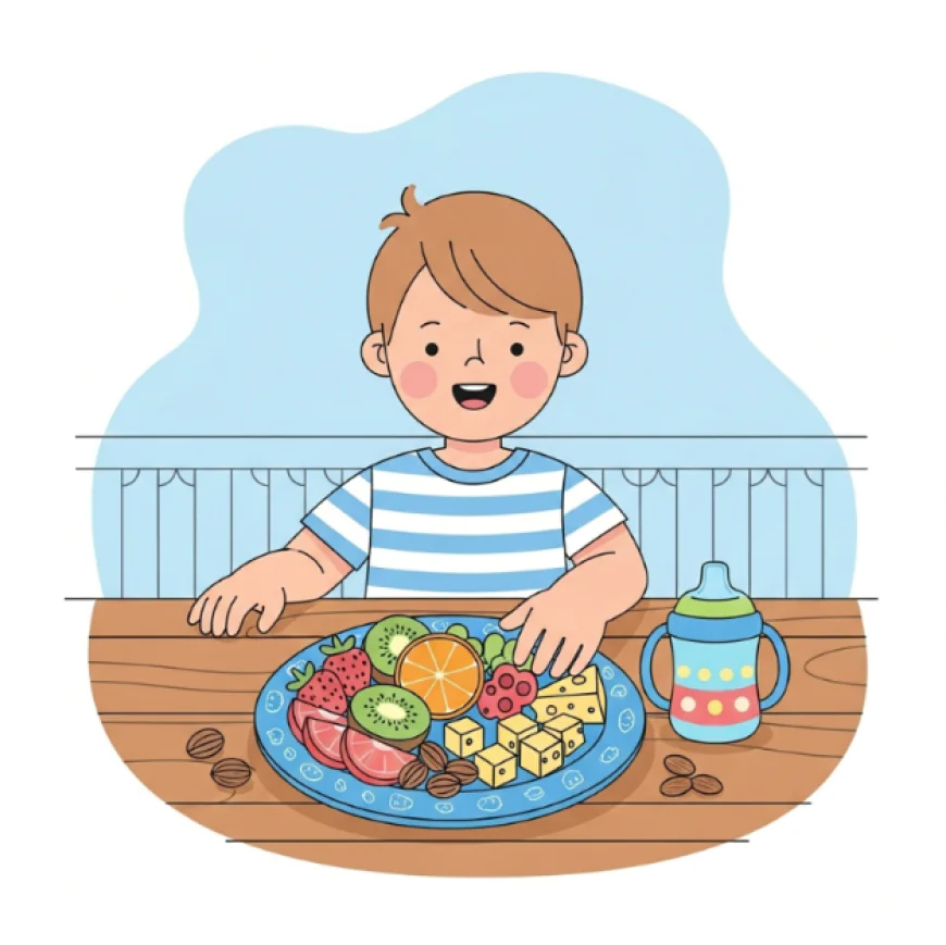 Child enjoying a colorful plate of healthy snacks with fruit, cheese, and nuts