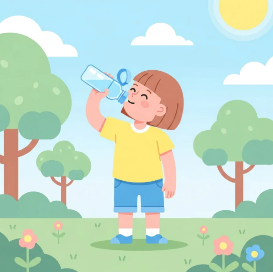 Child happily drinking water from a bottle outdoors