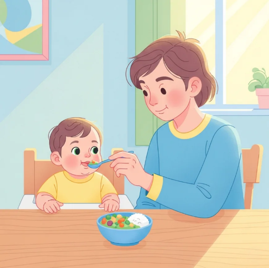 Parent feeding toddler healthy vegetables and rice at the dining table