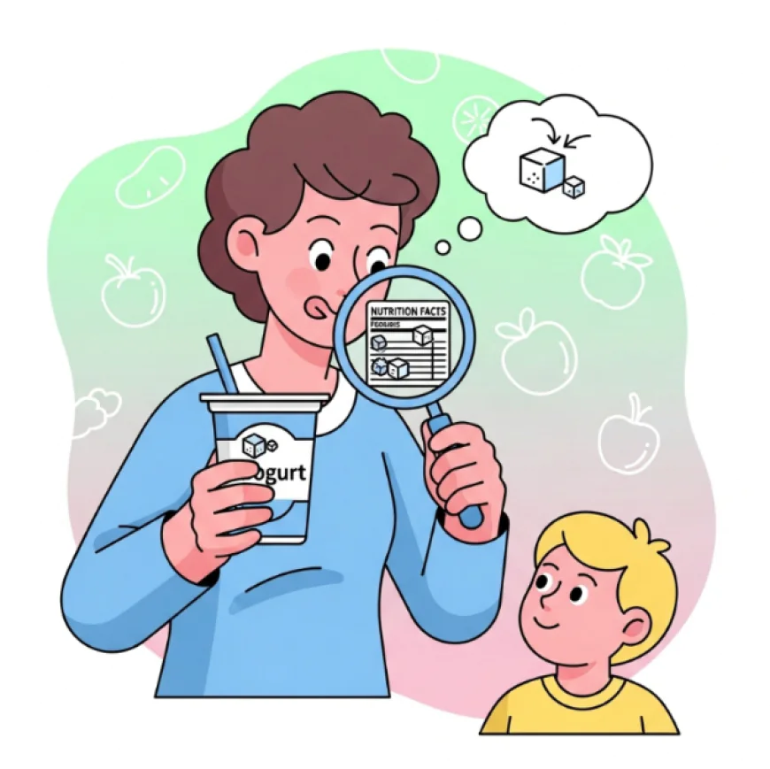 Parent checking nutrition label on a yogurt cup for hidden sugars