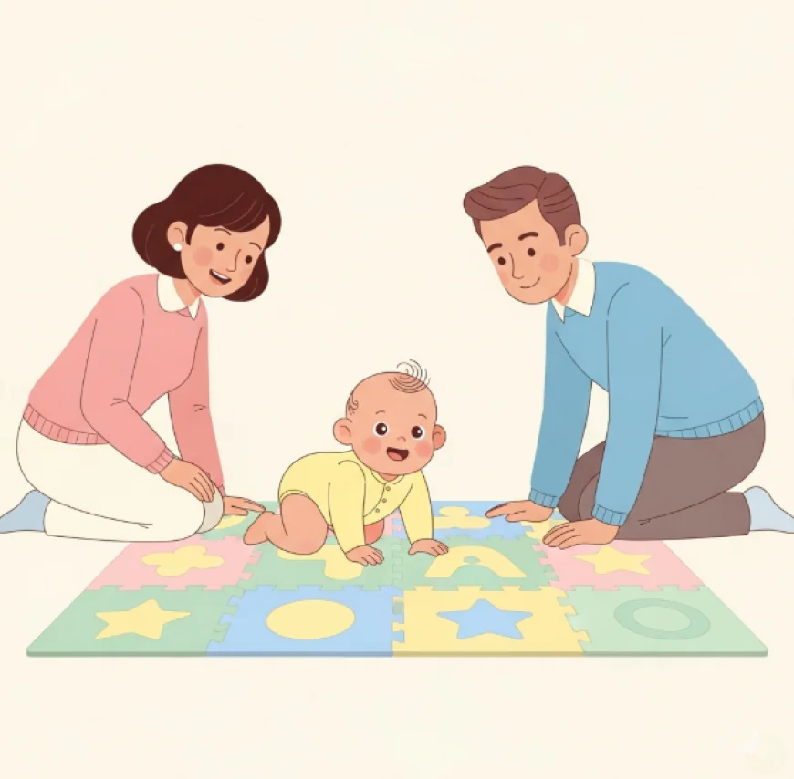 Baby crawling on a foam play mat with parents watching nearby