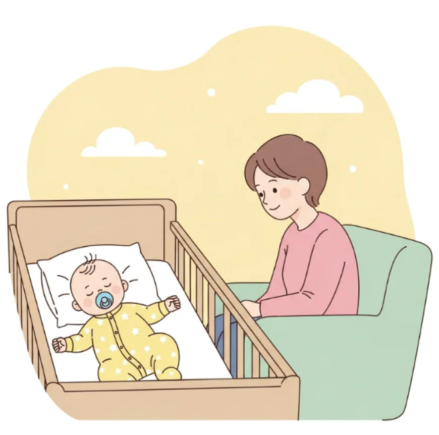 Baby sucking on a pacifier while parent sits nearby smiling