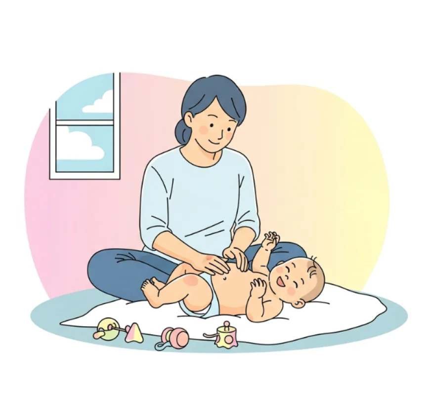 Parent gently massaging baby’s tummy while baby smiles