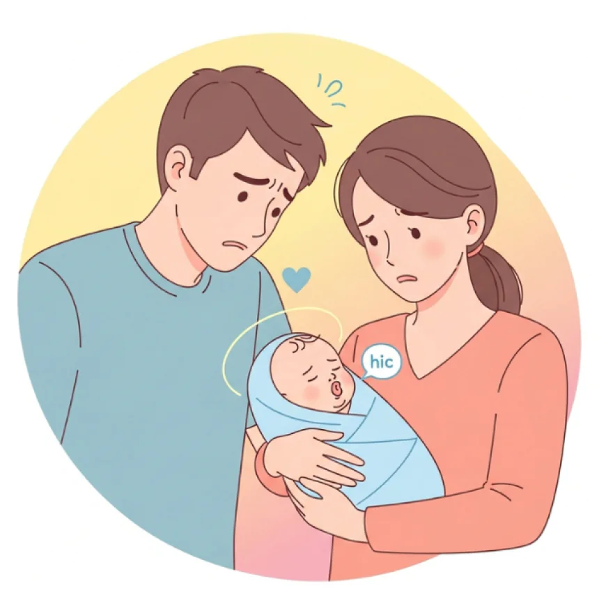 New parents looking worried while baby hiccups
