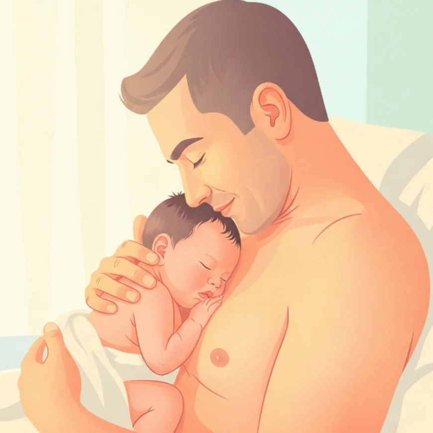 Father holding newborn baby against chest for skin-to-skin bonding