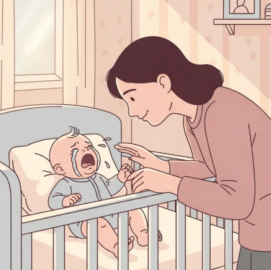 Baby crying in crib while parent gently leans over to comfort