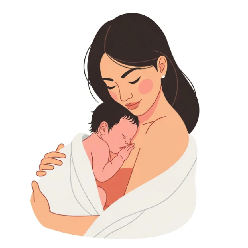 Mother holding newborn on her bare chest in skin-to-skin contact
