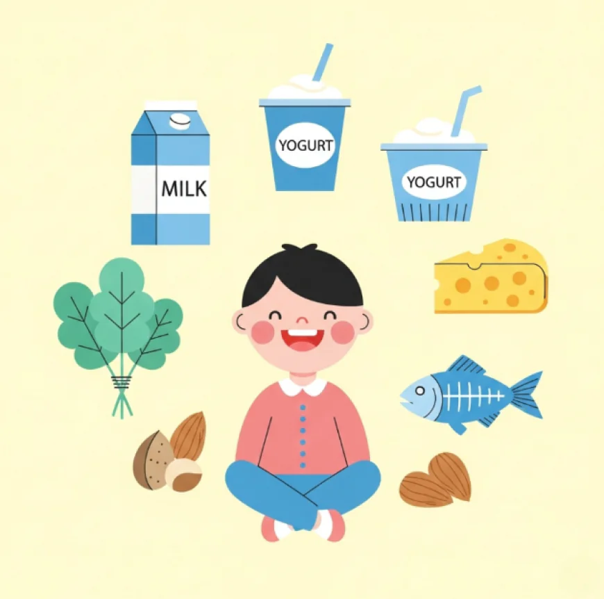 Child surrounded by calcium-rich foods like milk, cheese, fish, and vegetables