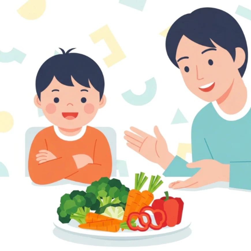 Child playfully refusing vegetables at the dining table