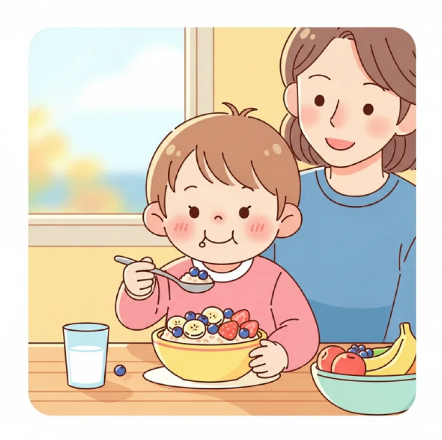 Child eating oatmeal with fruits at the breakfast table