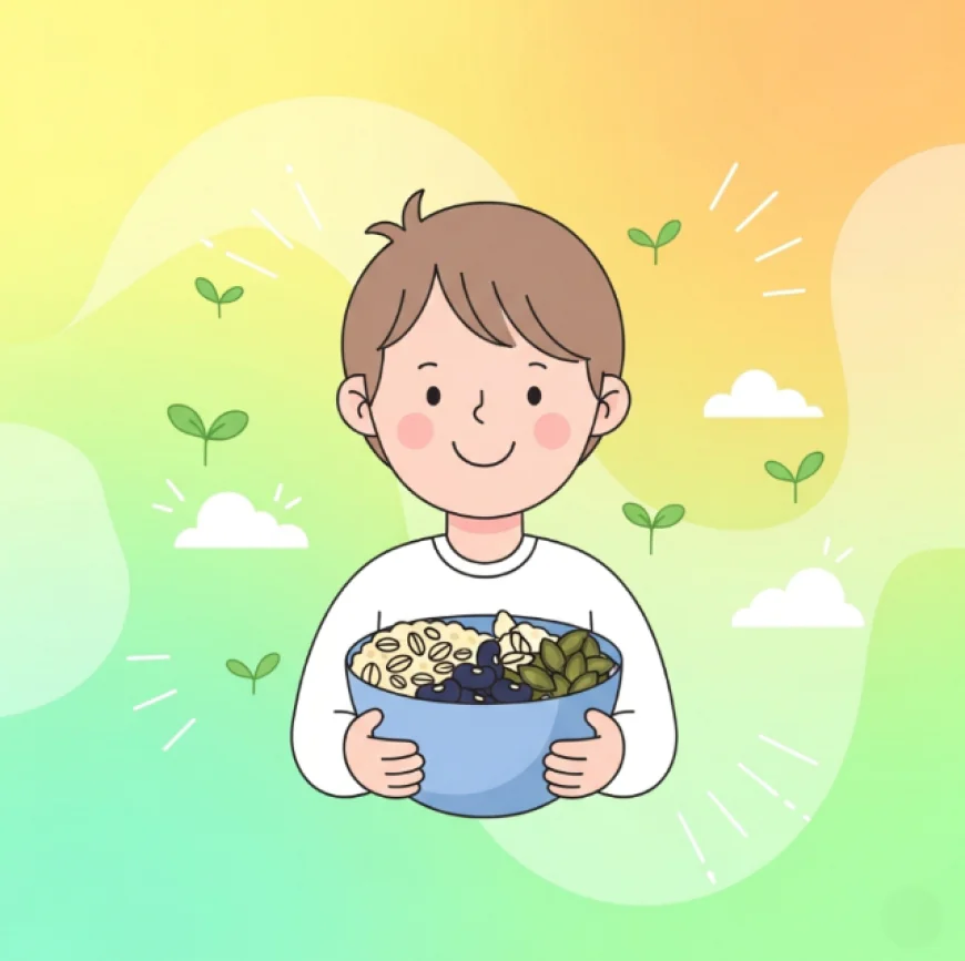 Child holding a bowl of zinc-rich foods like oats, beans, and seeds