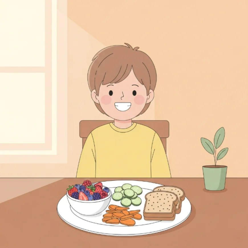 Child eating a healthy meal with fruits, vegetables, and whole grains on the table