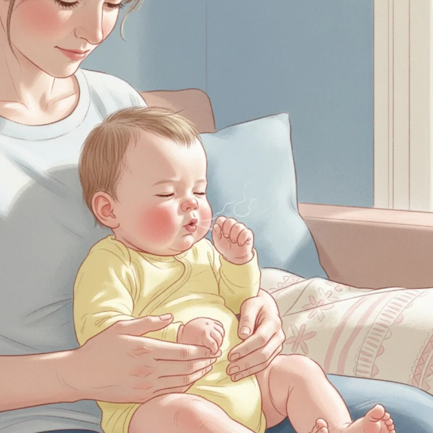 Baby sitting on parent’s lap while coughing gently in a cozy room