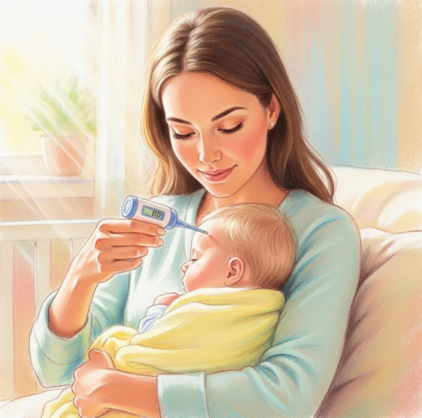Mother checking baby’s temperature with a digital thermometer