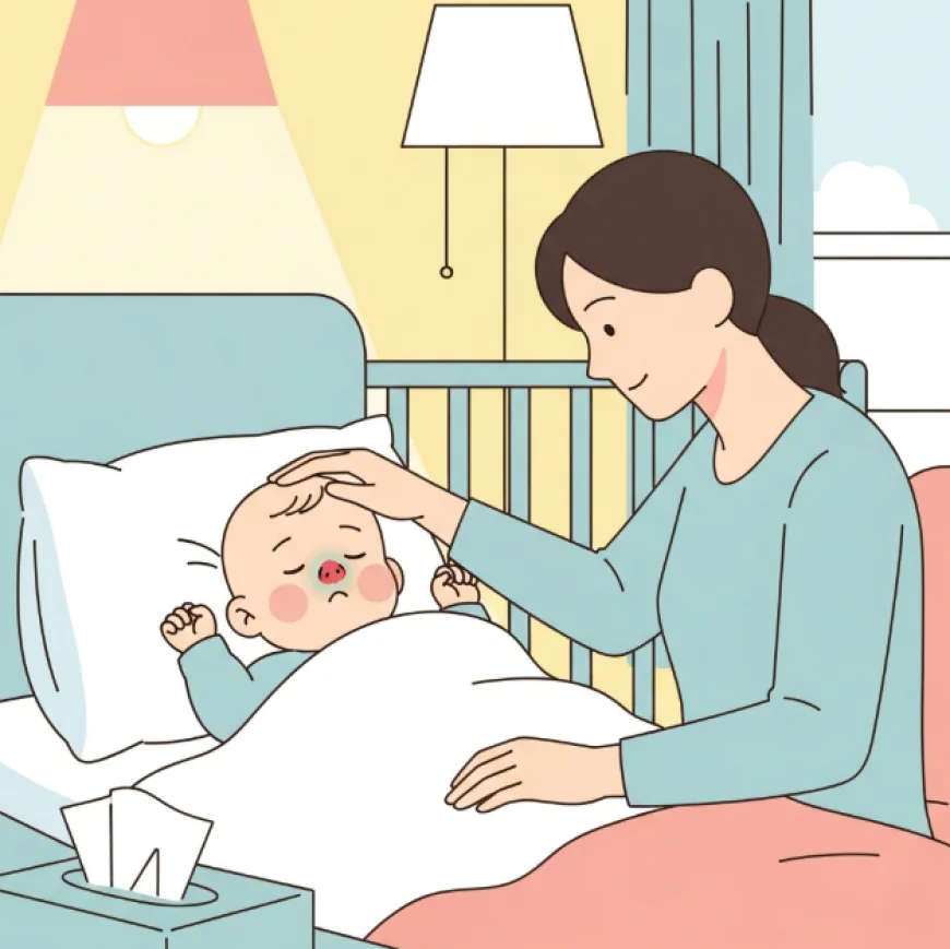 Parent comforting baby with a stuffy nose in bed