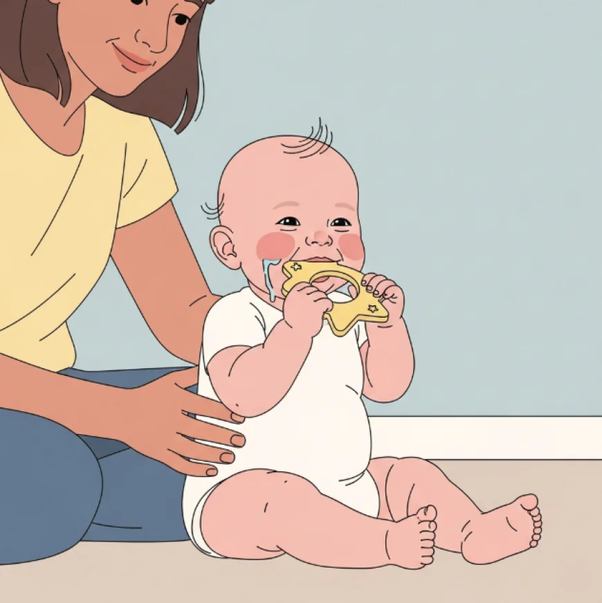 Parent comforting teething baby with fever at night