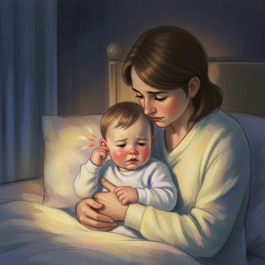Parent comforting baby with ear pain at night
