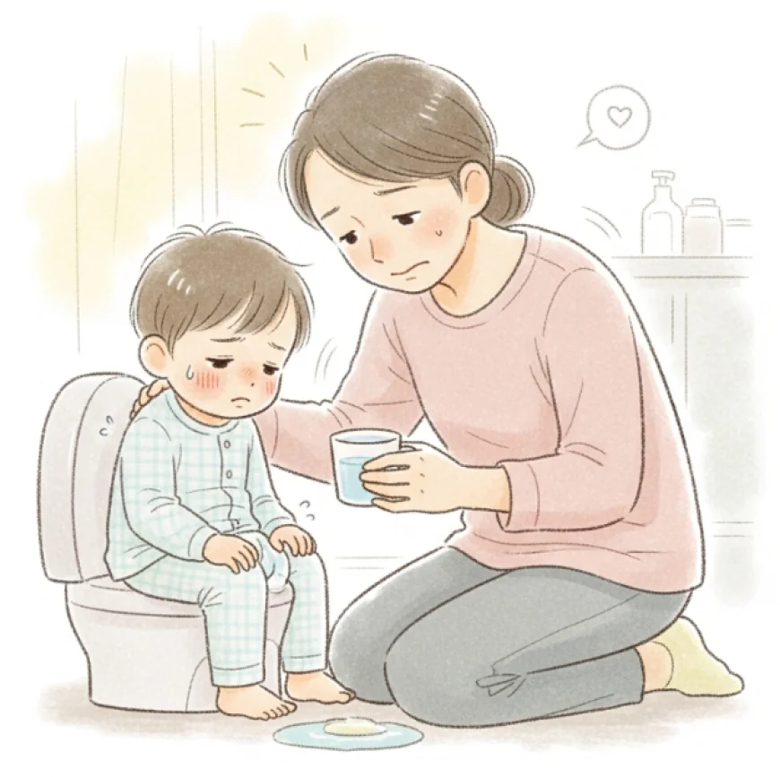 Parent comforting toddler with diarrhea at home