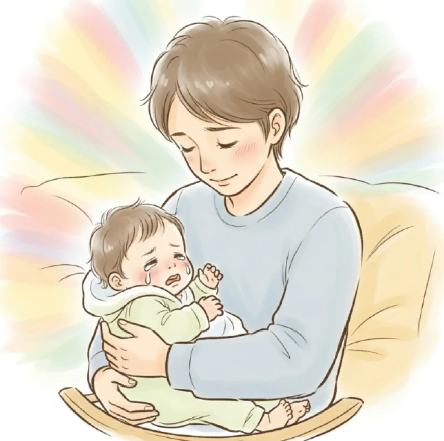 Parent gently cuddling and rocking a crying sick baby