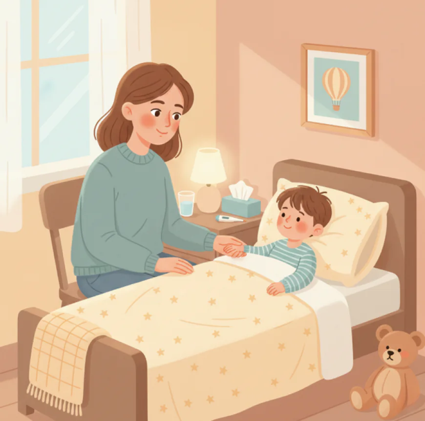 Mother holding a baby with a thermometer, looking calm while comforting the child.