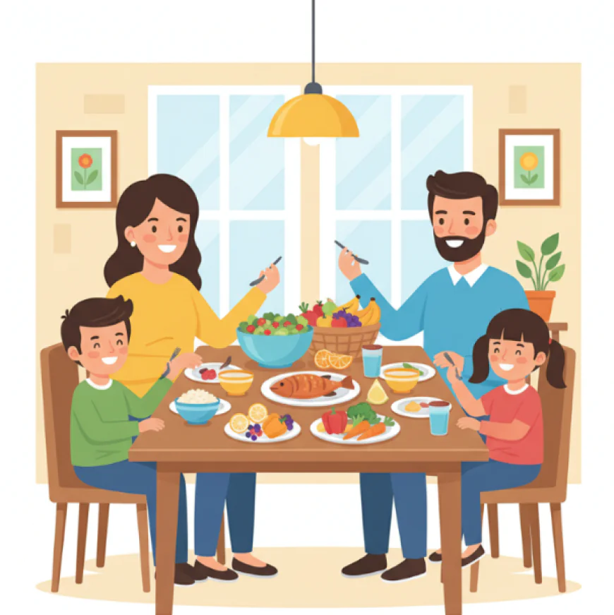 Happy family eating a healthy meal together with fruits, vegetables, fish, and whole grains at the dining table.