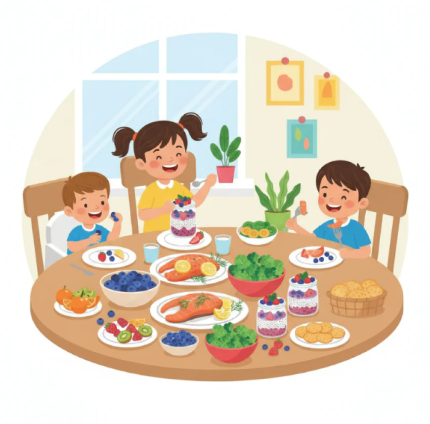 Children enjoying a colorful meal with superfoods like salmon, blueberries, chia seeds, and kale at the family table.