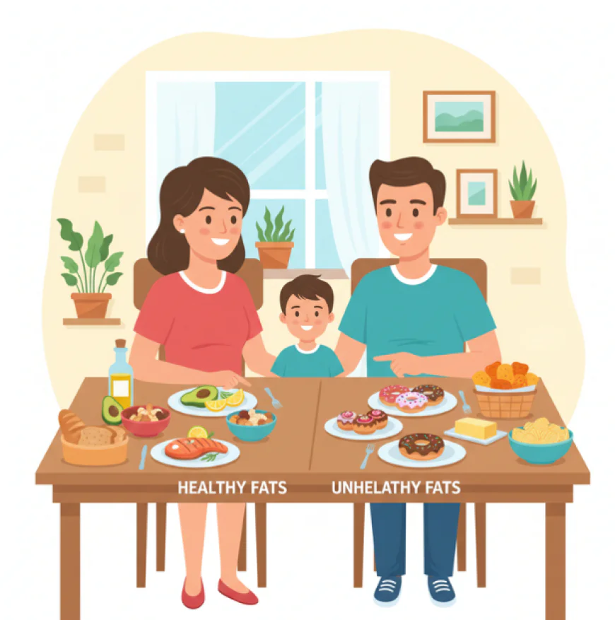 Parents teaching a child about good fats and bad fats, with healthy foods like salmon, avocado, and nuts on one side, and unhealthy foods like fried snacks and pastries on the other.