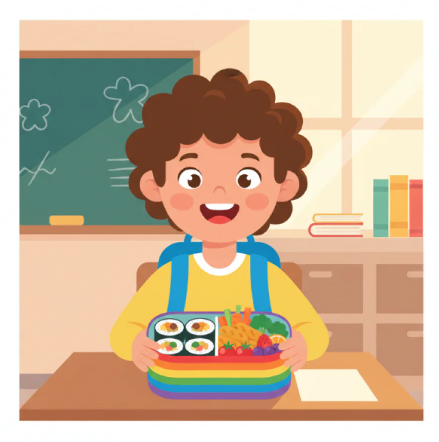 Happy child at school opening a colorful lunchbox filled with healthy foods such as rice rolls, chicken, vegetables, and fruit.