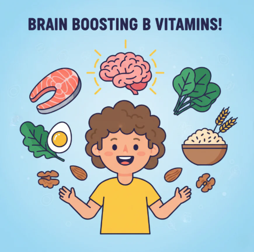 Smiling child with a glowing brain illustration above their head, surrounded by foods rich in B vitamins such as salmon, eggs, leafy greens, whole grains, and nuts.