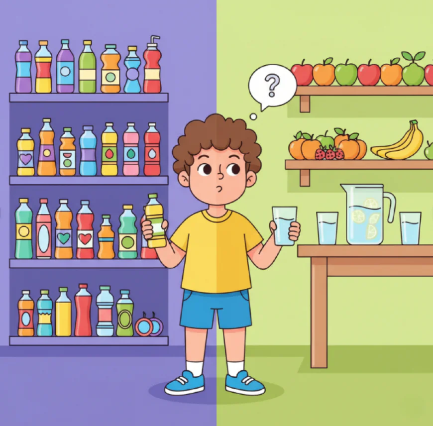 Child holding a bottled drink in one hand and a glass of water in the other, choosing between colorful bottled beverages and fresh natural options.