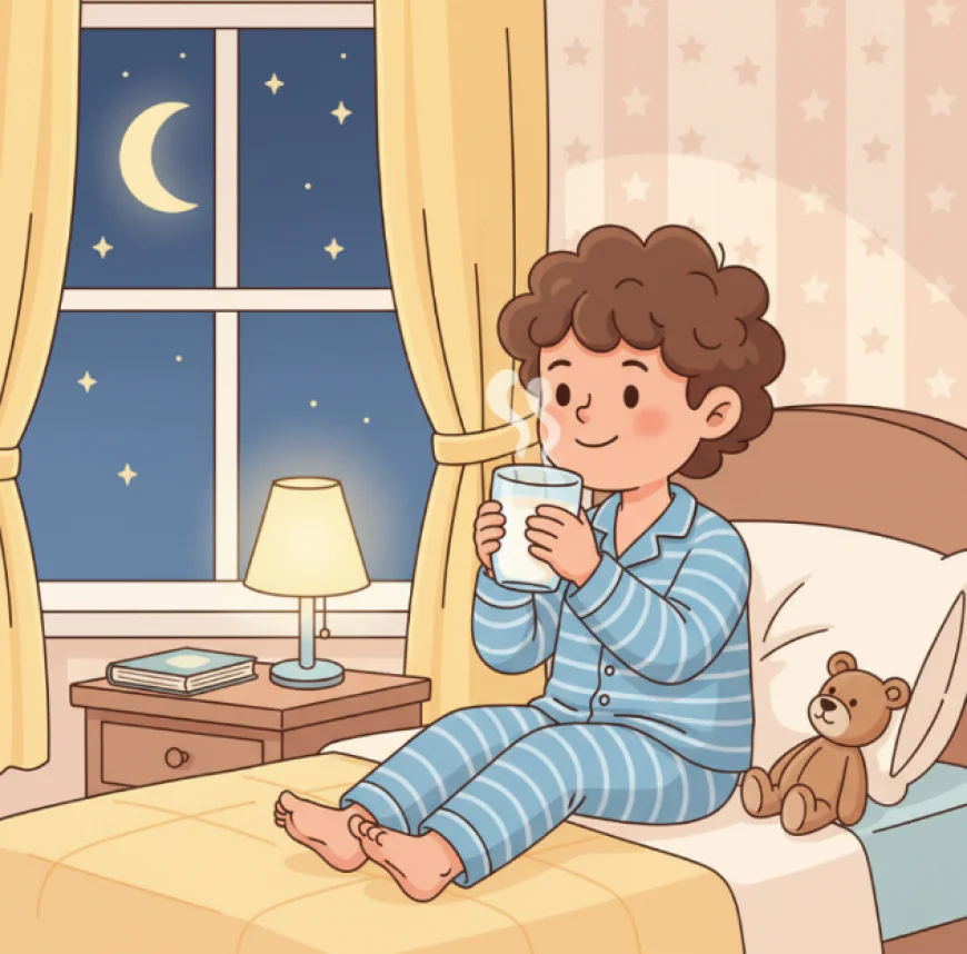 Child in pajamas drinking a glass of warm milk before bedtime in a cozy bedroom with moonlight outside the window.