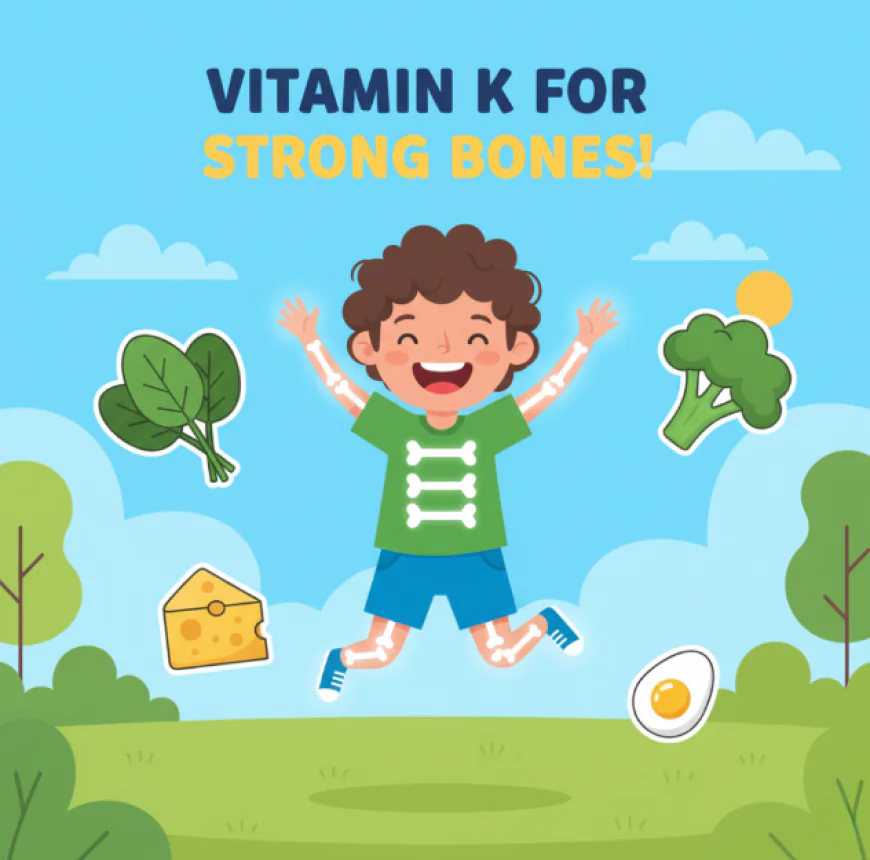 Happy child jumping outdoors with glowing strong bones, surrounded by foods rich in vitamin K such as spinach, broccoli, cheese, and eggs.