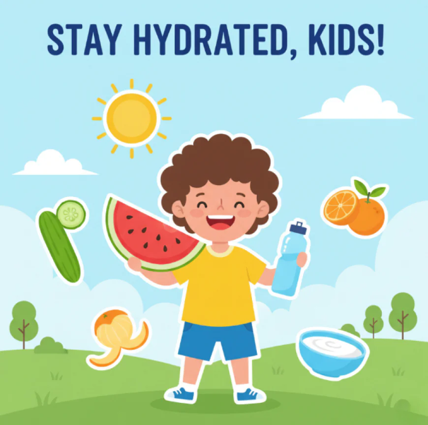 Smiling child playing outdoors under the summer sun, holding a slice of watermelon and a water bottle, surrounded by hydrating foods like cucumber, orange, and yogurt.