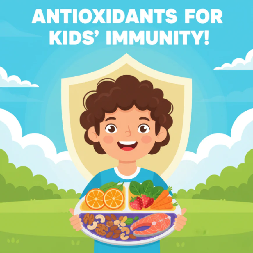 Smiling child holding a colorful plate of antioxidant-rich foods such as oranges, strawberries, carrots, spinach, nuts, and salmon, with a glowing shield symbolizing strong immunity.