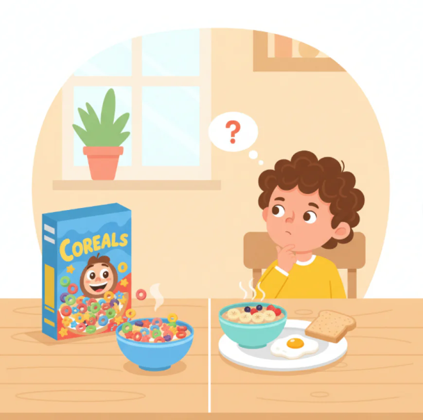 Child sitting at a breakfast table choosing between a colorful cereal box with sugary cereals and a balanced plate with oatmeal, fruit, and eggs.