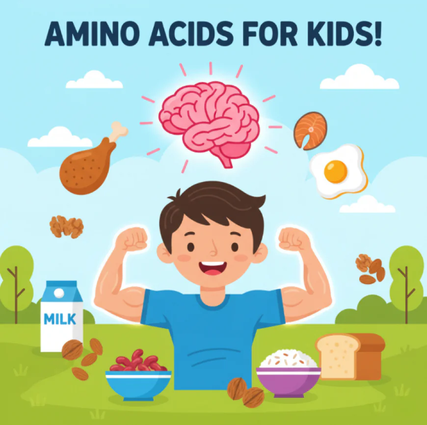 Smiling child with strong arms and a glowing brain, surrounded by foods rich in essential amino acids such as chicken, fish, eggs, milk, beans, nuts, and whole grains.