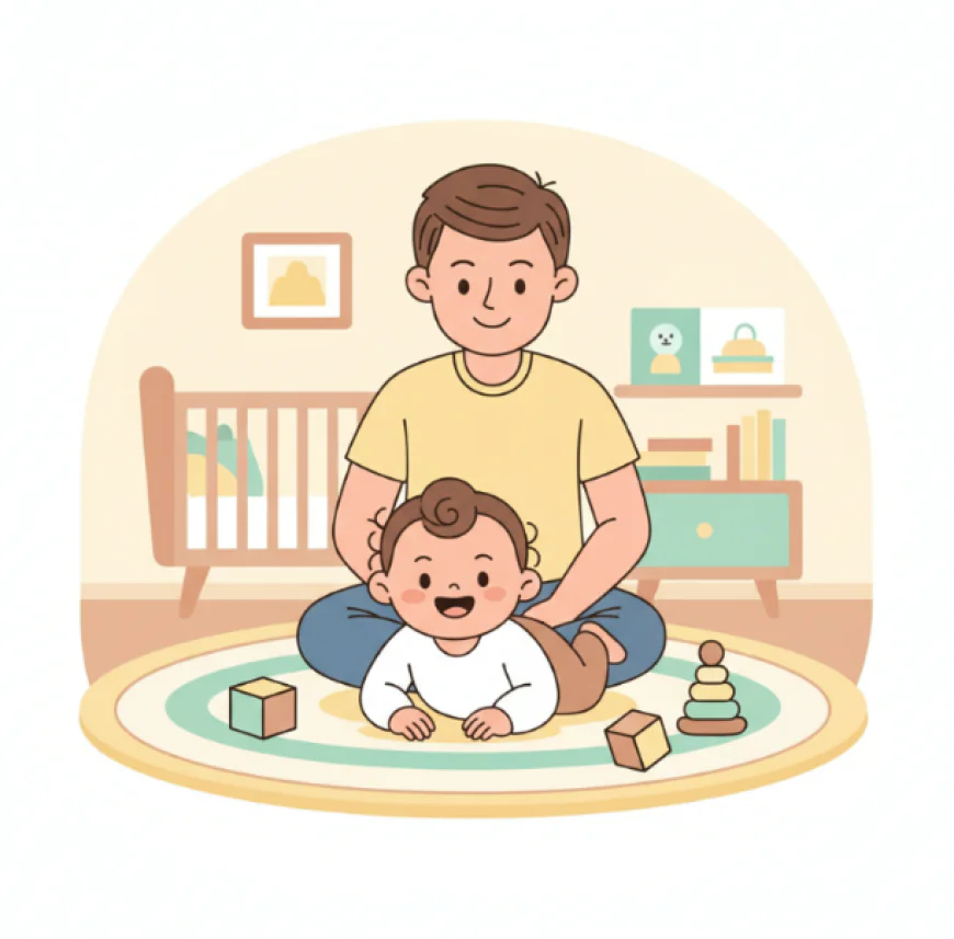Smiling baby lying on their tummy on a soft play mat, lifting their head while a parent watches nearby with a gentle smile.