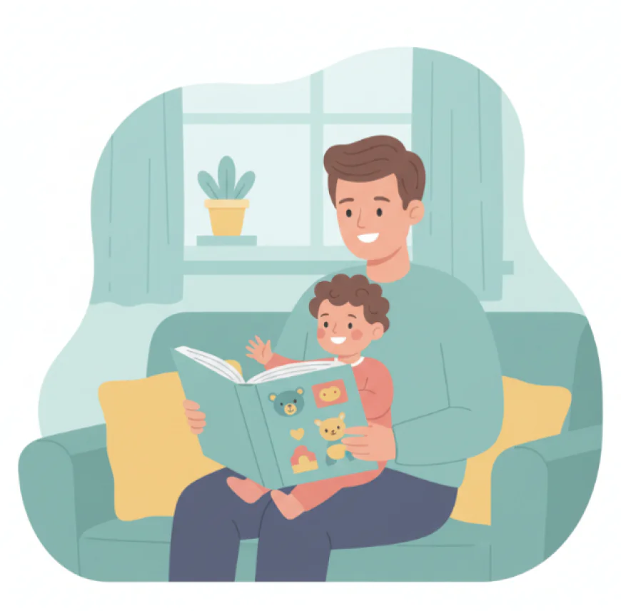 Parent sitting with baby on their lap, reading a colorful picture book together. Baby touches the pages curiously while the parent smiles warmly.