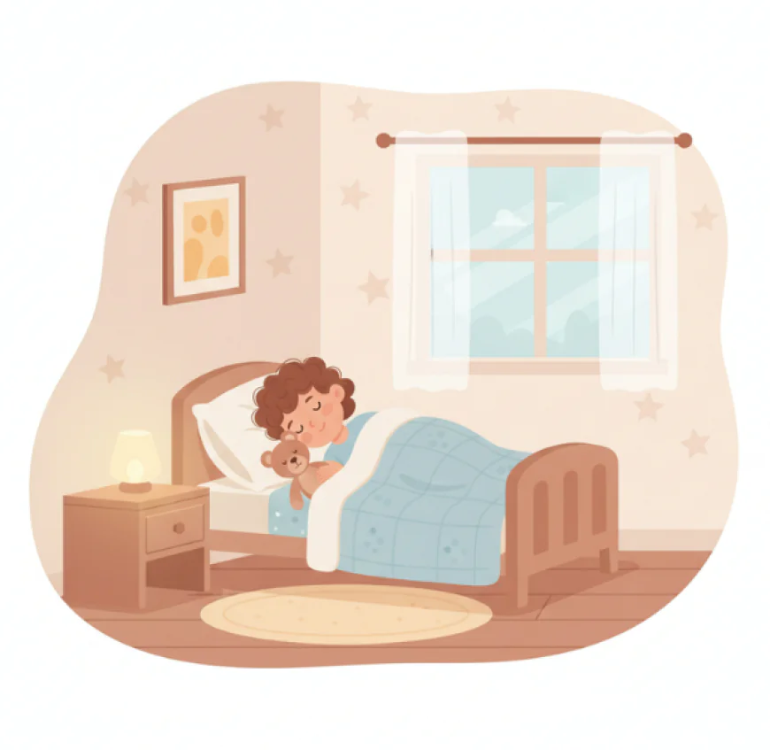 Preschool child napping peacefully on a small bed with a blanket in a cozy, softly lit room, holding a stuffed animal for comfort.