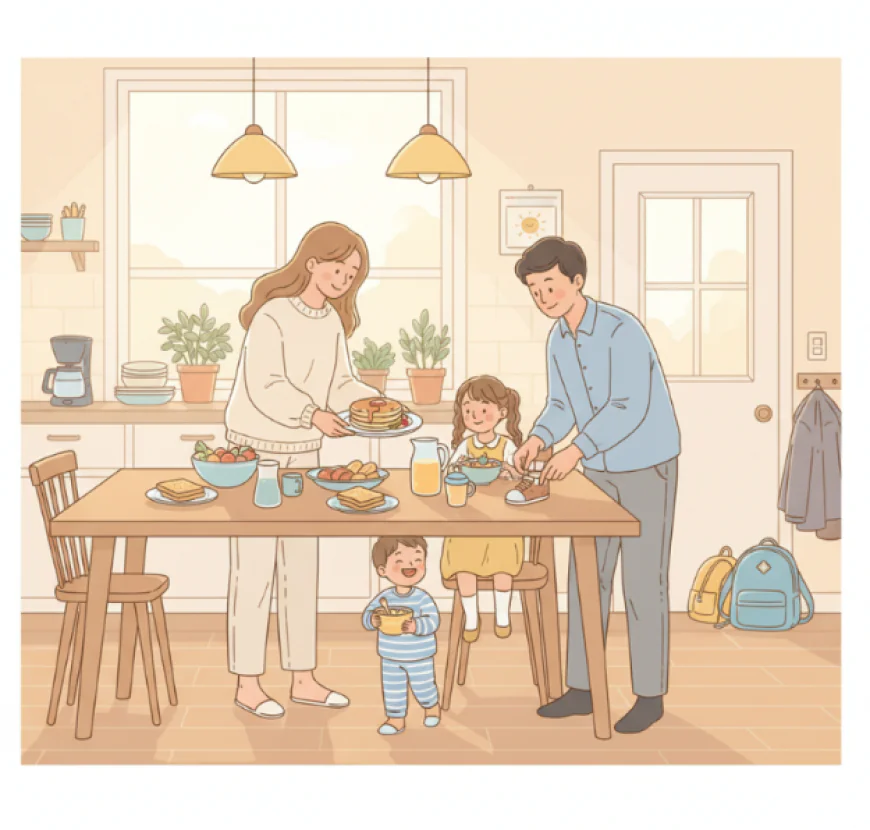 Cheerful family getting ready in the morning with breakfast on the table, showing an organized and stress-free start to the day.