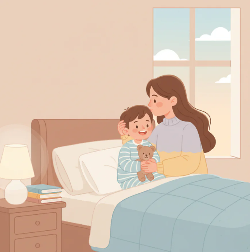 Parent and child sitting on the floor together, smiling while playing with toys or reading a colorful picture book, showing warm family bonding.