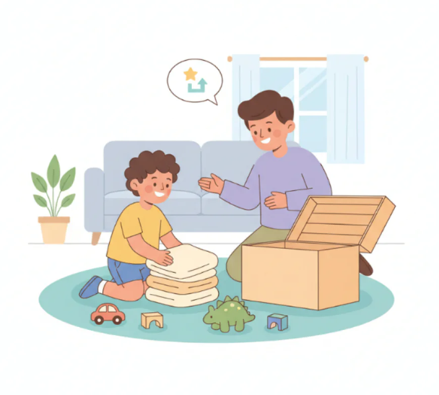 Child happily folding clothes while a parent smiles nearby, showing how chores can teach kids responsibility and life skills.