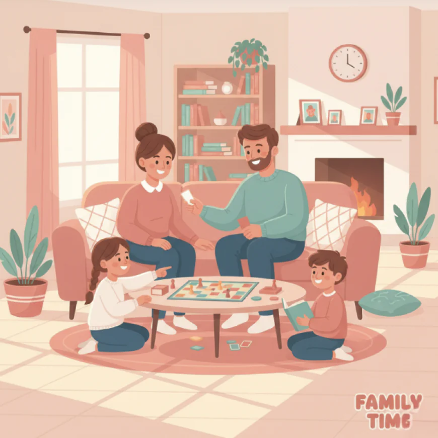 Happy family spending quality time together in the living room without screens, playing board games and reading books.