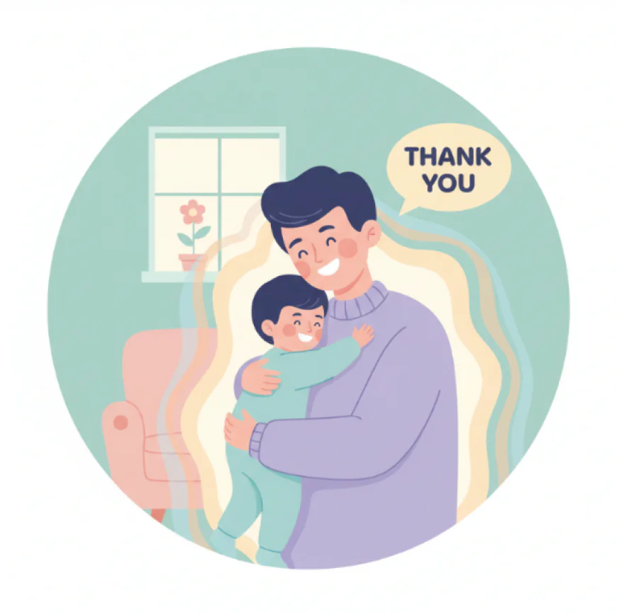 Parent and child hugging warmly while saying “thank you,” symbolizing love and gratitude in family life.